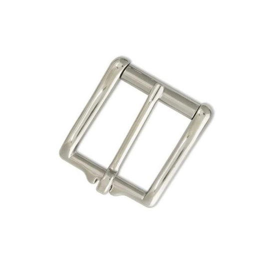Stainless steel heel bar roller belt buckle on white background. The belt buckle is slightly rectangular in shape and the flat side profile shows the belt buckle with a slight wave like curve. Available in 32mm or 38mm for leather belt. 