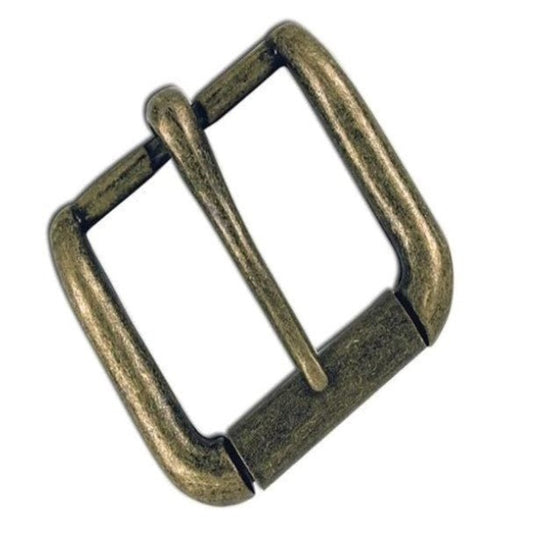 Bronze-coloured square antique brass finish heel bar roller belt buckle on a white background. For vintage look DIY leather belts. Size 38mm wide.