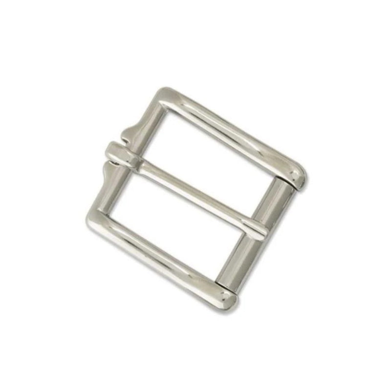 Metallic slightly rectangular shaped belt buckle on a white background. Stainless steel wave roller heel bar belt buckle available in 32mm or 38mm for  DIY leather belt ptojects.